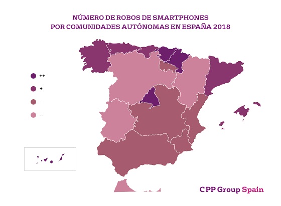 Robos de smartphones por Comunidad Autónoma en 2018. Fuente: CPP Group Spain Robos de smartphones por Comunidad Autónoma en 2018. Fuente: CPP Group Spain