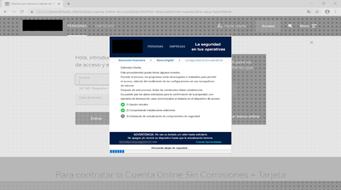 Ejemplo de Bizarro bloqueando la página de inicio de sesión de un banco y avisando al usuario de que se están instalando actualizaciones de seguridad Ejemplo de Bizarro bloqueando la página de inicio de sesión de un banco y avisando al usuario de que se están instalando actualizaciones de seguridad