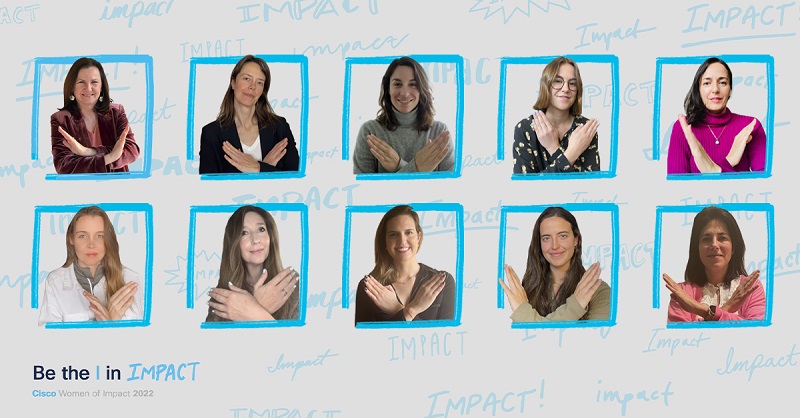 Trabajadoras de Cisco España realizando el símbolo para romper el sesgo de género. Trabajadoras de Cisco España realizando el símbolo para romper el sesgo de género.
