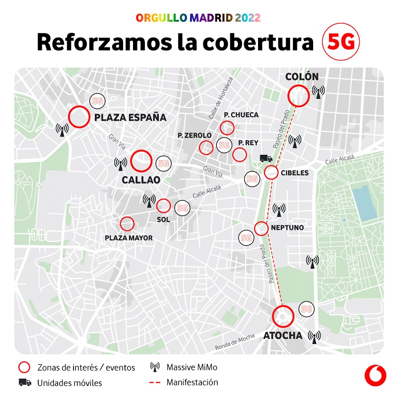 Mapa de cobertura 5G de Vodafone por motivo de las Fiestas del Orgullo. Mapa de cobertura 5G de Vodafone por motivo de las Fiestas del Orgullo.