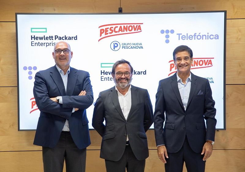 Emilio Gayo, presidente de Telefónica España, Ignacio González, CEO del Grupo Nueva Pescanova, y José María de la Torre, presidente de HPE en el sur de Europa.