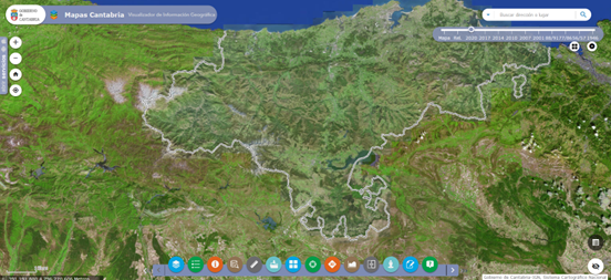 Visualizador de información geográfica Mapas Cantabria del Gobierno de Cantabria. El botón 3D da acceso al gemelo digital.