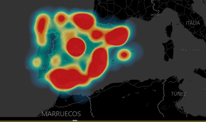 Mapa de calor que muestra la concentración de dispositivos IoT conectados en toda España. 