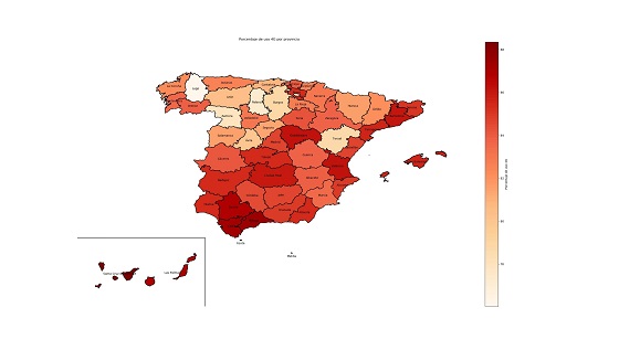 Mapa de porcentaje de uso de 4G por provincia. Mapa de porcentaje de uso de 4G por provincia.
