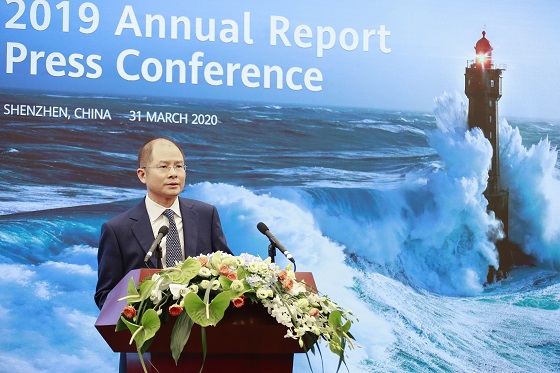 Eric Xu, presidente rotatorio de Huawei, durante la presentación de resultados de 2019 de la compañía.