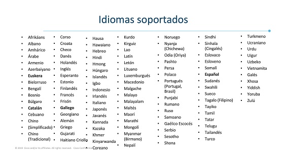 Idiomas soportados por Cisco Webex. Marzo 2020. 