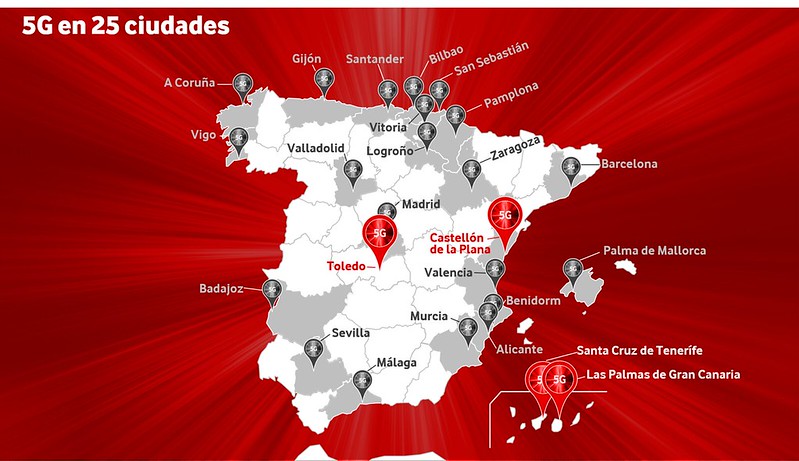 Mapa de redes 5G de Vodafone en España. Marzo 2020.